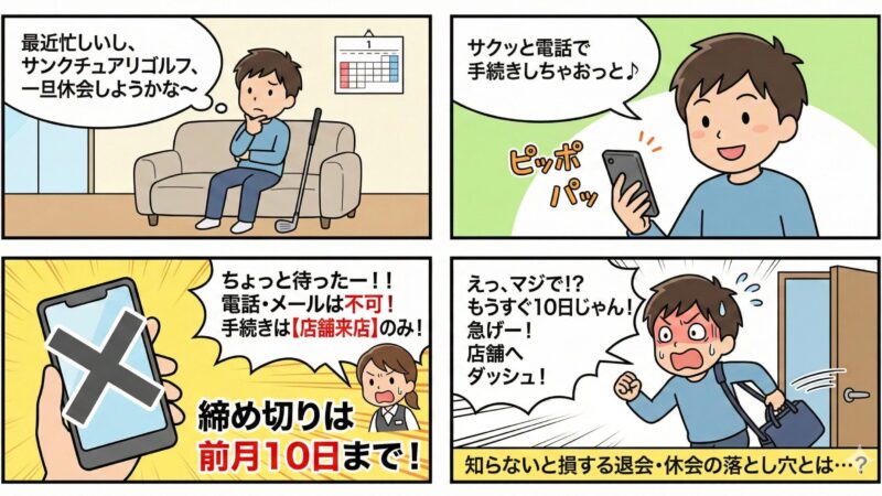 サンクチュアリゴルフの退会・休会方法まとめ！10日締めのルールと来店手続きを解説！ 
